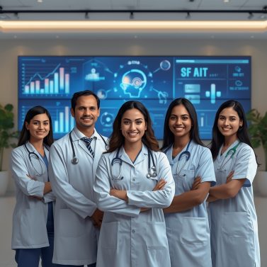 A modern Indian hospital lobby with diverse healthcare professionals (male and female doctors, nurses, marketing executives) standing together, smiling confidently. In the background, digital screens display graphs, patient growth statistics, and AI icons. Clean, bright blue and white color palette, high-tech yet warm, professional lighting.