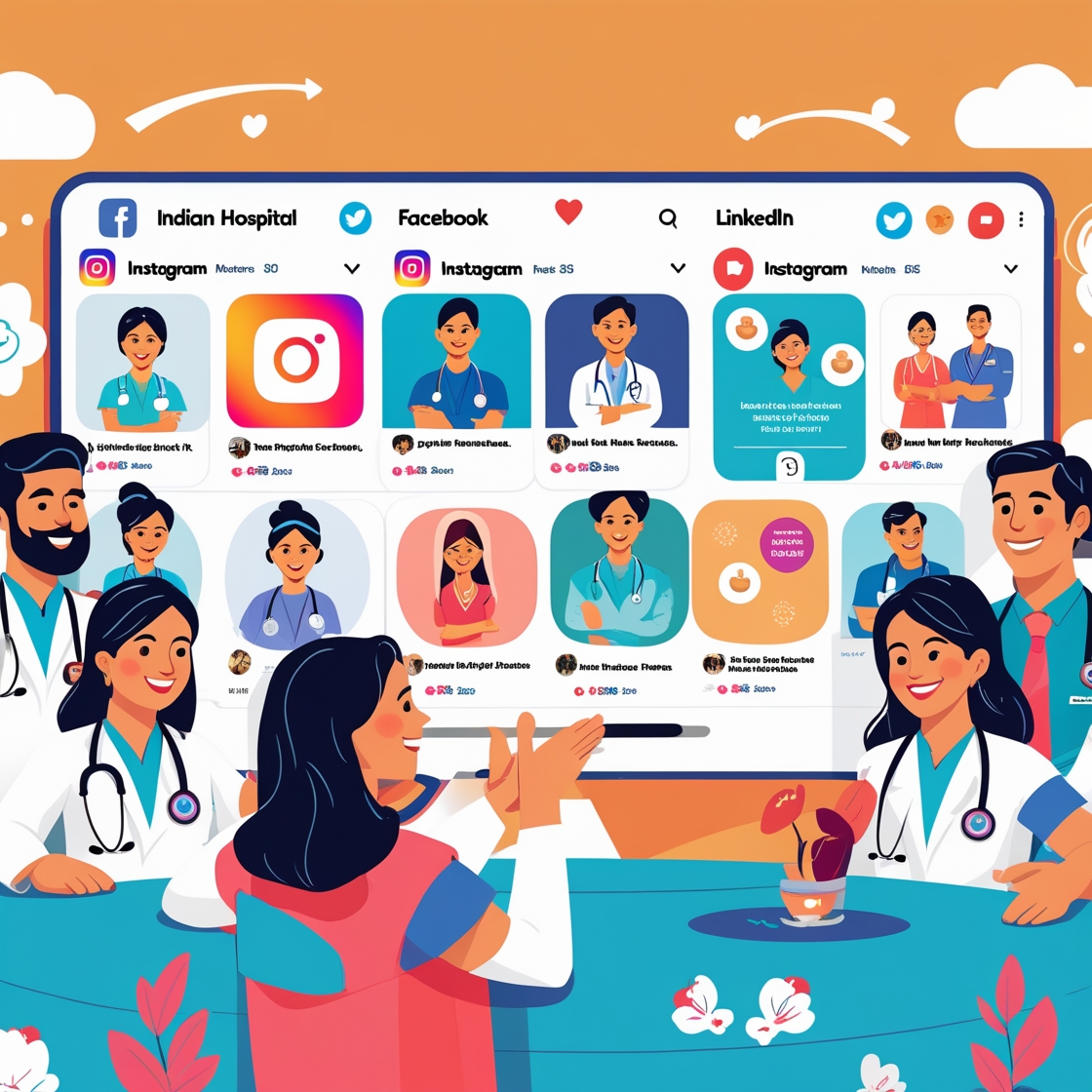 A warm, vibrant scene of an Indian hospital marketing team gathered around a large screen displaying social media feeds (Instagram, Facebook, LinkedIn) filled with patient success stories, health tips, and event posts. Smiling doctors and nurses are featured in the posts. Bright, uplifting color palette with blue and teal accents.