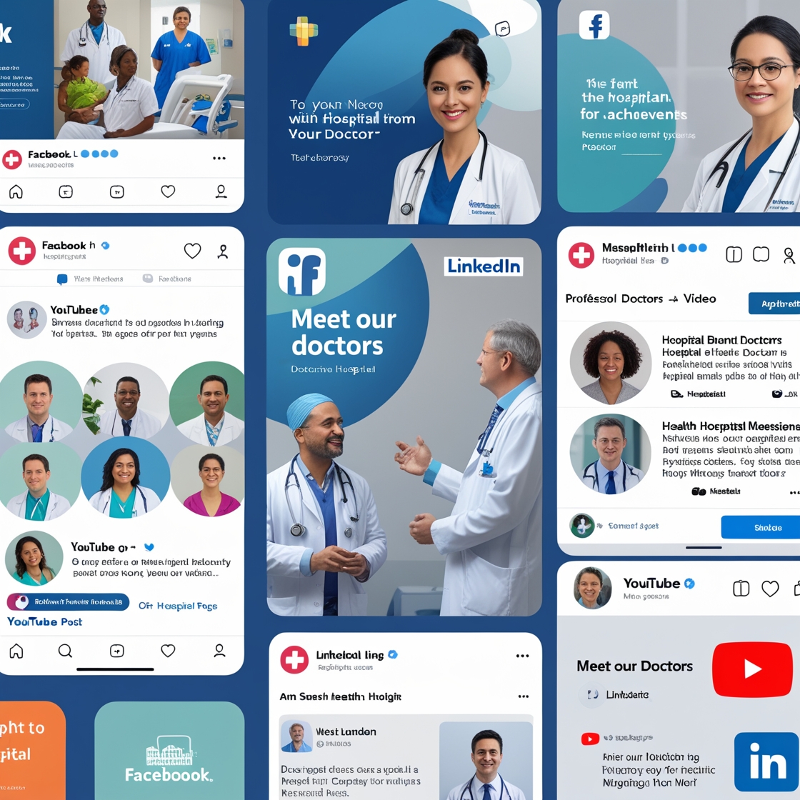A split-screen collage showing: Facebook: a hospital page with event posts. Instagram: reels of doctors explaining health tips. LinkedIn: professional posts about hospital achievements. YouTube: a thumbnail of a “Meet Our Doctors” video. Bright and clear branding.