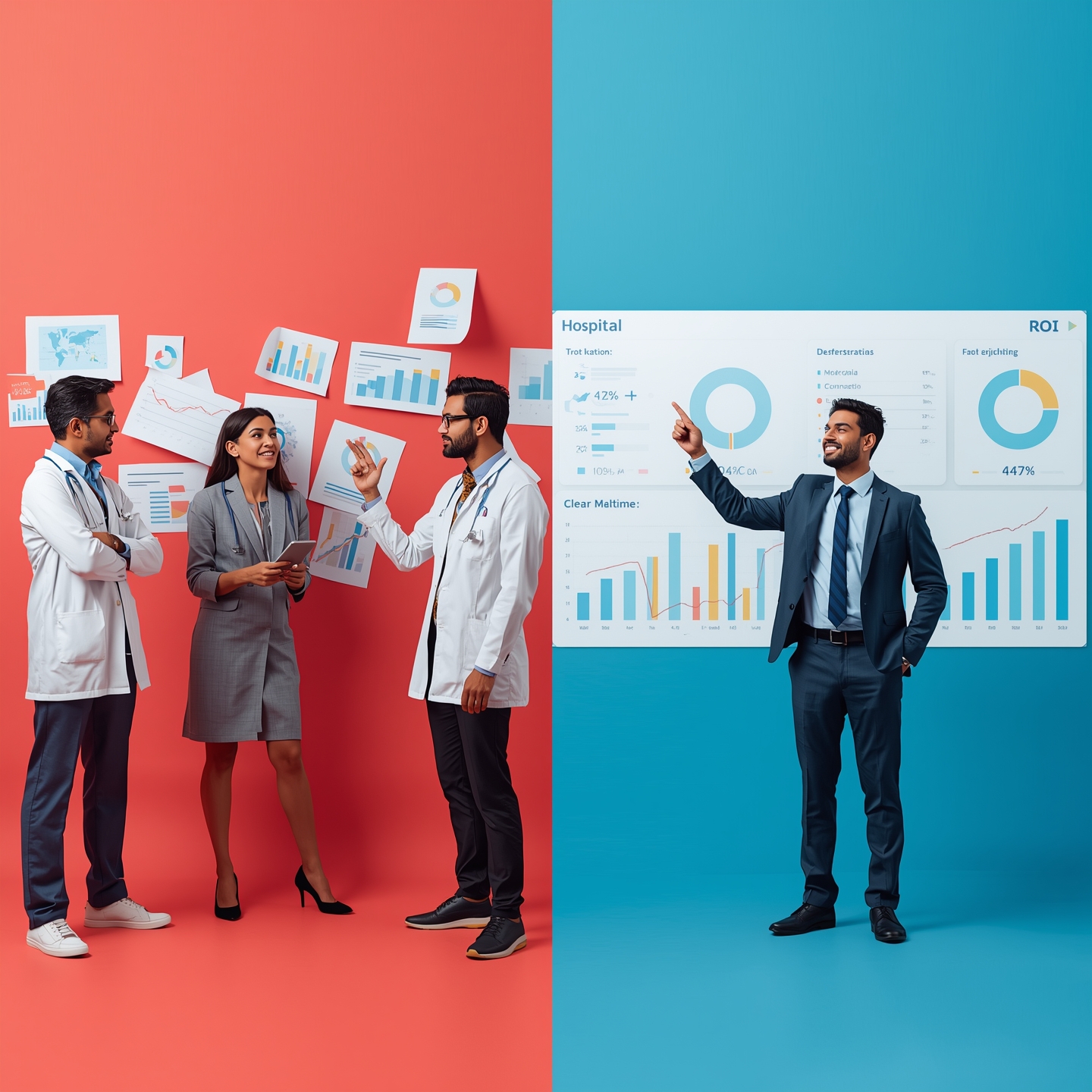A clean infographic-style image showing “500% growth”, “3x ROI”, and “100+ healthcare brands” with icons for hospitals, upward trending graphs, and patient silhouettes. Background in subtle healthcare blues and greens, crisp and corporate.