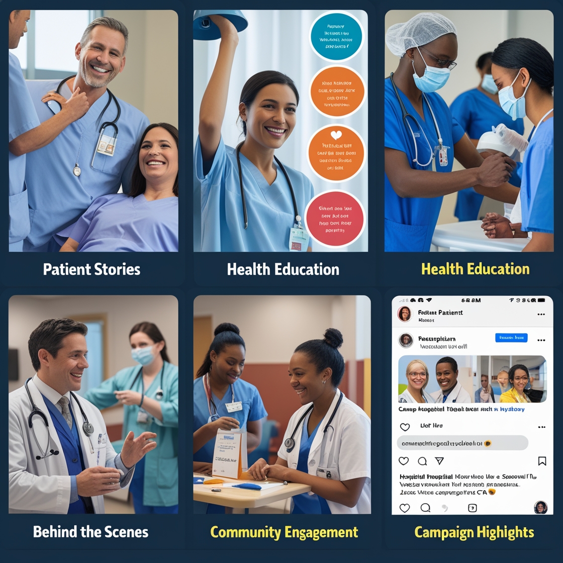 Our Content Pillars (5-panel visual) Patient Stories — A happy patient ringing a recovery bell with a doctor, overlaid with a “Thank You” quote. Health Education — A carousel of health tips on a phone screen, bright and easy-to-read. Behind the Scenes — Candid hospital staff moments, preparing for a community health camp. Community Engagement — A doctor hosting a Facebook Live Q&A with patients commenting. Campaign Highlights — Seasonal flu vaccination ad on Instagram with a clear CTA.