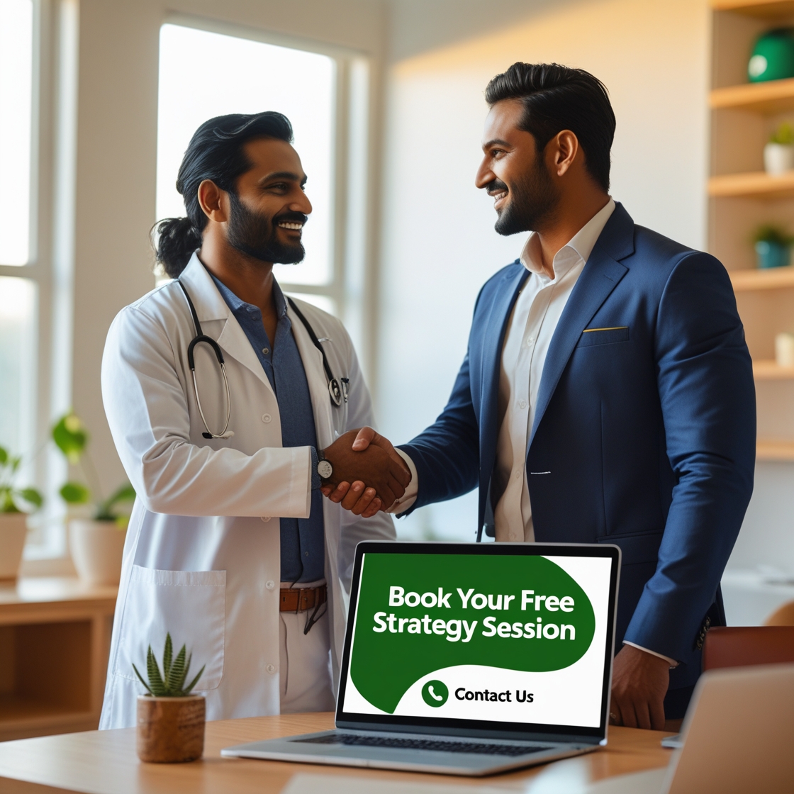 Confident Indian healthcare executive shaking hands with a marketing strategist in a bright office. On the table is a laptop displaying “Book Your Free Strategy Session” with a green CTA button. Warm lighting, trust-focused atmosphere.