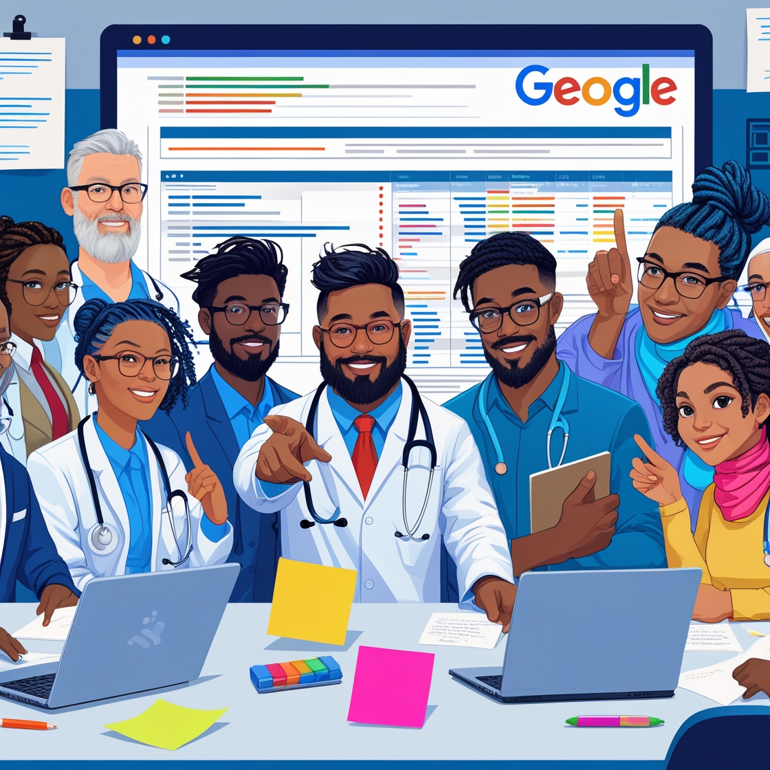 Healthcare SEO experts discussing strategies for hospitals and clinics