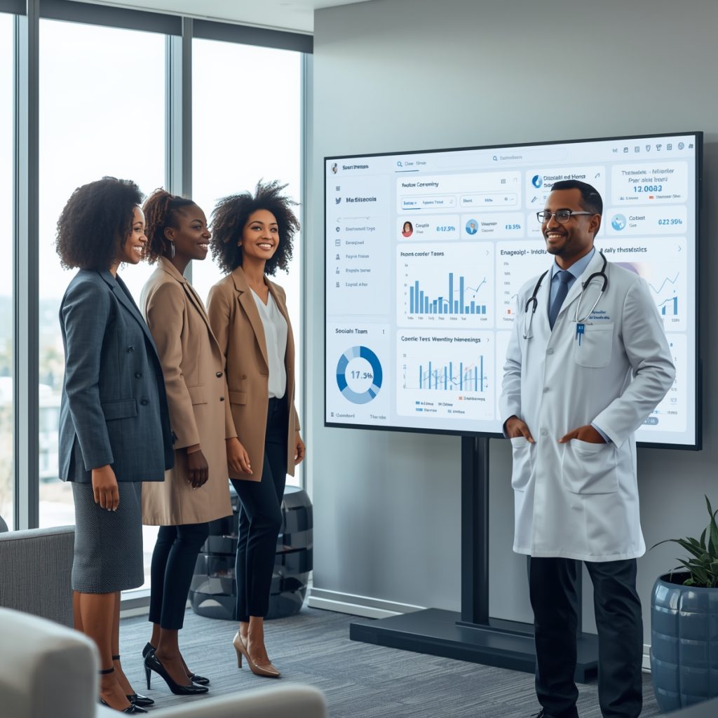 Healthcare social media marketing team at work