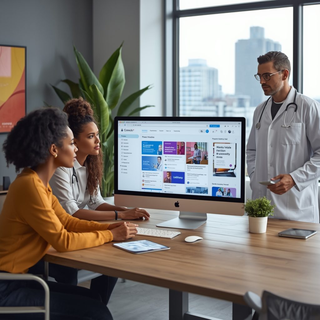 Healthcare social media marketing team at work