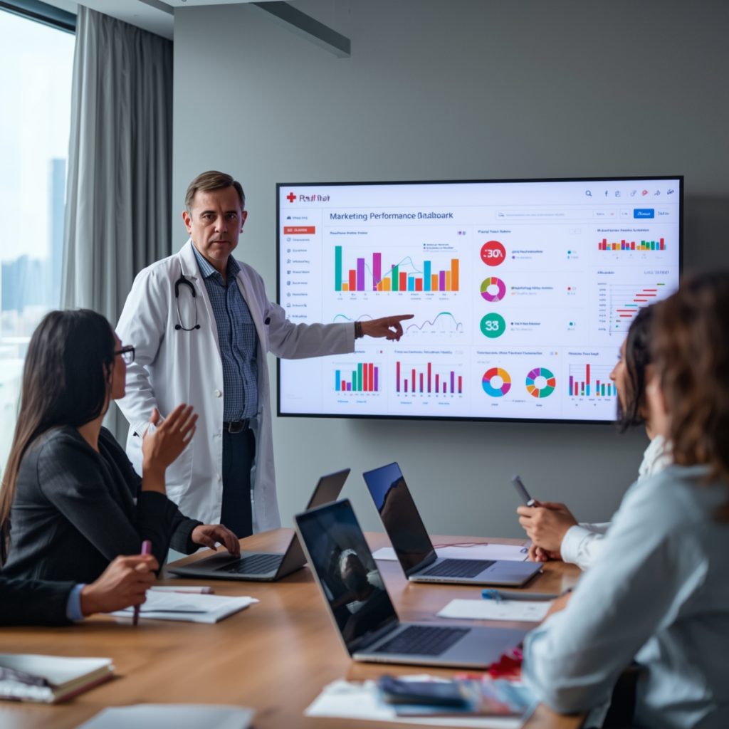 Hospital marketing strategy meeting with analytics
